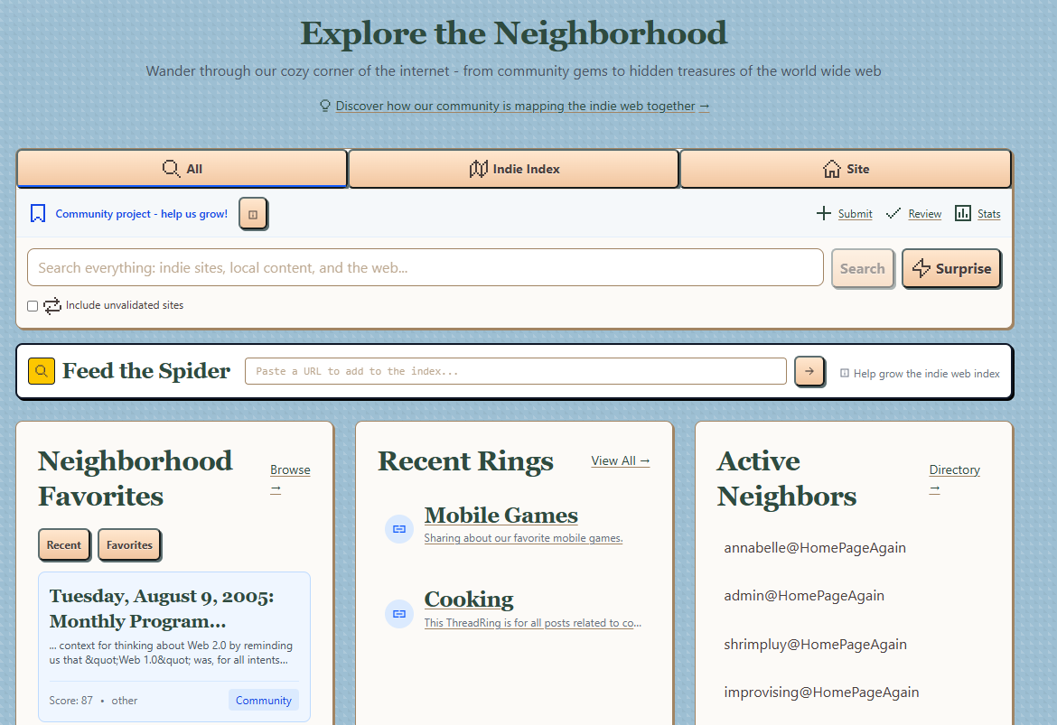 Community index showing various user pages