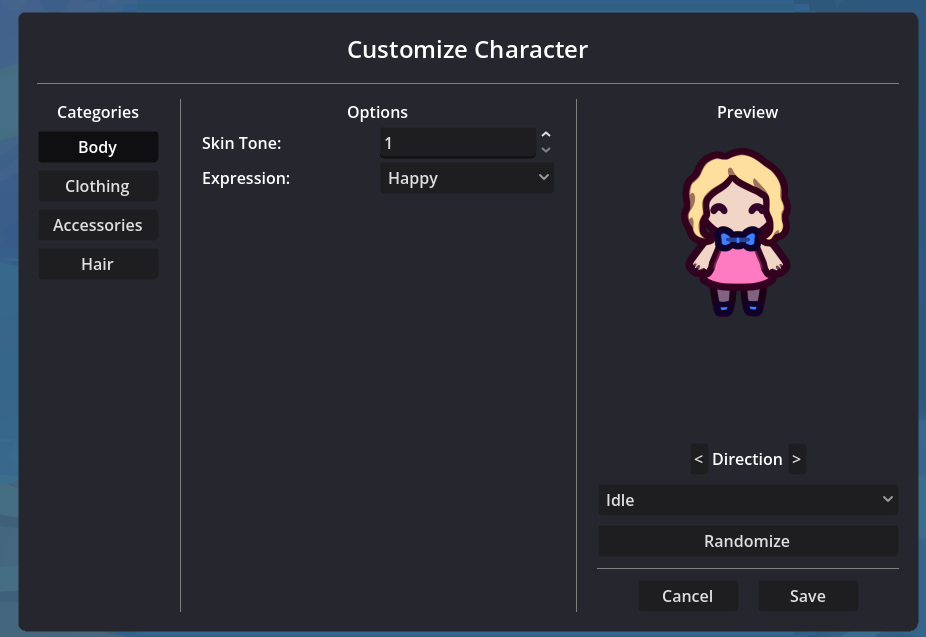 Character customization screen with category, options, and live preview panels