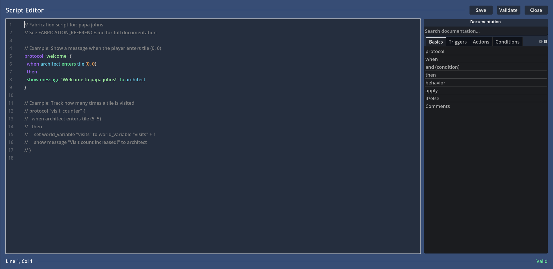 The Fabrication script editor with syntax highlighting and documentation panel