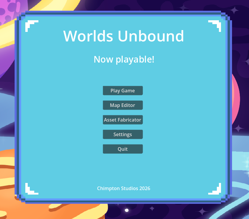 Worlds Unbound start screen showing the main menu